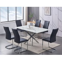 IF-1442 C-1877-7 Pcs. Dining Set-White Marble Glass Table & 6 Black PU Dining Chair (Online only)