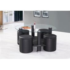 IF-2057 Black PU Tempered Glass Coffee table with 4 Stools. (Online only)