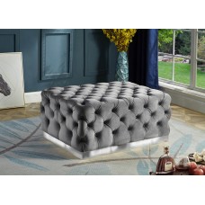 IF-6265 Grey Velvet Ottoman with Deep Tufting and Stainless Steel Base.(Online only)