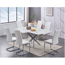 IF-1442 C-1878-7 Pcs. Dining Set -White Marble Glass Table & 6 White PU Dining Chair (Online only)