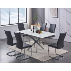 IF-1442 C-1879-7 Pcs. Dining Set-White Marble Glass Table & 6 Grey PU Dining Chair (Online only)