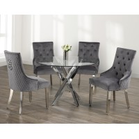 IF-1447/C-1250 -5 Pcs. Dining set- 44"Round Clear Glass Top With Chrome Legs Dining Table+4 grey Velvet chairs(Online only)