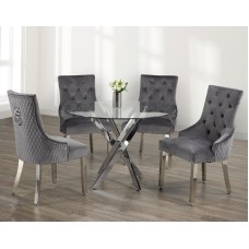 IF-1447/C-1250 -5 Pcs. Dining set- 44"Round Clear Glass Top With Chrome Legs Dining Table+4 grey Velvet chairs(Online only)