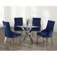 IF-1447/C-1252 -5 Pcs. Dining Set- 44"Round Clear Glass Top With Chrome Legs Dining Table+4 Blue Velvet chairs ( (Online Only)