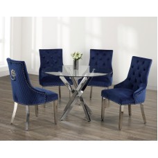 IF-1447/C-1252 -5 Pcs. Dining Set- 44"Round Clear Glass Top With Chrome Legs Dining Table+4 Blue Velvet chairs ( (Online Only)