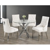 IF-1447/C-1253 -5 Pcs. Dining Set- 44"Round Clear Glass Top With Chrome Legs Dining Table+4 Creme Velvet chairs (Online Only)
