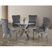 IF-1447/C-1260 -5 Pcs. Dining Set- 44"Round Clear Glass Top With Chrome Legs Dining Table+4 Grey Velvet chairs (Online only)