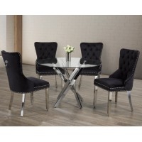 IF-1447/C-1261 -5 Pcs. Dining Set -44"Round Clear Glass Top With Chrome Legs Dining Table+4 Black Velvet chairs (Online only)