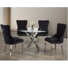 IF-1447/C-1261 -5 Pcs. Dining Set -44"Round Clear Glass Top With Chrome Legs Dining Table+4 Black Velvet chairs (Online only)