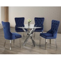 IF-1447/C-1262 -5 Pcs. Dining set-  44"Round Clear Glass Top With Chrome Legs Dining Table+4 Blue Velvet chairs(Online only)