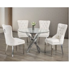 IF-1447/C-1263 -5 Pcs. Dining Set -44"Round Clear Glass Top With Chrome Legs Dining Table+4 Creme Velvet chairs(Online only)
