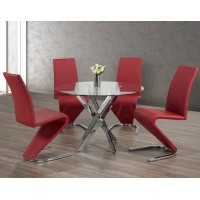 IF-1447/C-1788 -5 Pcs. Dining Set- 44"Round Clear Glass Top With Chrome Legs Dining Table+4 Red "Z" Chairs  (online only)