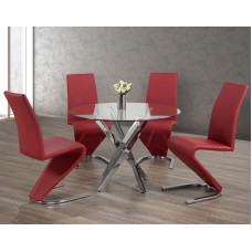 IF-1447/C-1788 -5 Pcs. Dining Set- 44"Round Clear Glass Top With Chrome Legs Dining Table+4 Red "Z" Chairs  (online only)