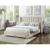 IF-5312 Creme Velvet Fabric Queen, King bed with 4 Pull-out Storage Drawers. (Online only)