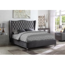 IF-5520 Grey Velvet Fabric Wing Back Queen , King Bed with Nailhead and Rhinestone Details. (Online only)