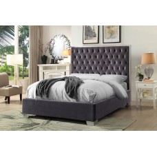 IF-5540 Grey Velvet Fabric Queen, King Bed  with Deep Tufting and Chrome Trim on Headboard. (Online only)