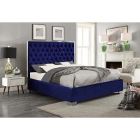 IF-5541 Blue Velvet Fabric Queen, King bed with Deep Tufting and Chrome Trim on Headboard. (Online only)