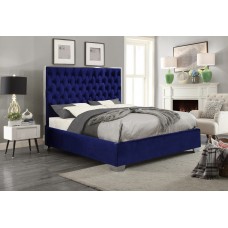 IF-5541 Blue Velvet Fabric Queen, King bed with Deep Tufting and Chrome Trim on Headboard. (Online only)