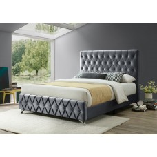 IF-5670  Grey Velvet  Queen, King Bed with Diamond Pattern Button Details and Chrome Legs. (Online only)