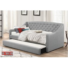 IF-308  GREY FABRIC SINGLE SIZE DAY BED WITH NAILHEAD ACCENT AND PULL OUT TRUNDLE (EXCLUSIVE ONLINE SALE !)